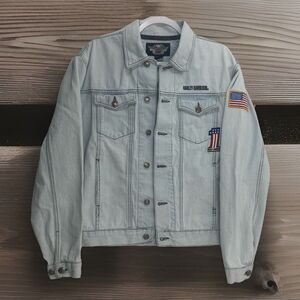 Harley Davidson An American Legend #1 Made USA Denim Jean Jacket Sz S Patches